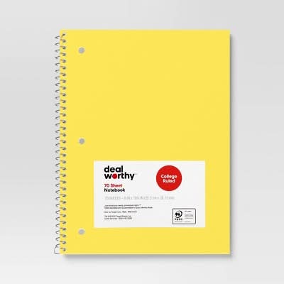 Dealworthy College Rule Spiral Notebook, 8x10.5 in, Yellow (70 ct)