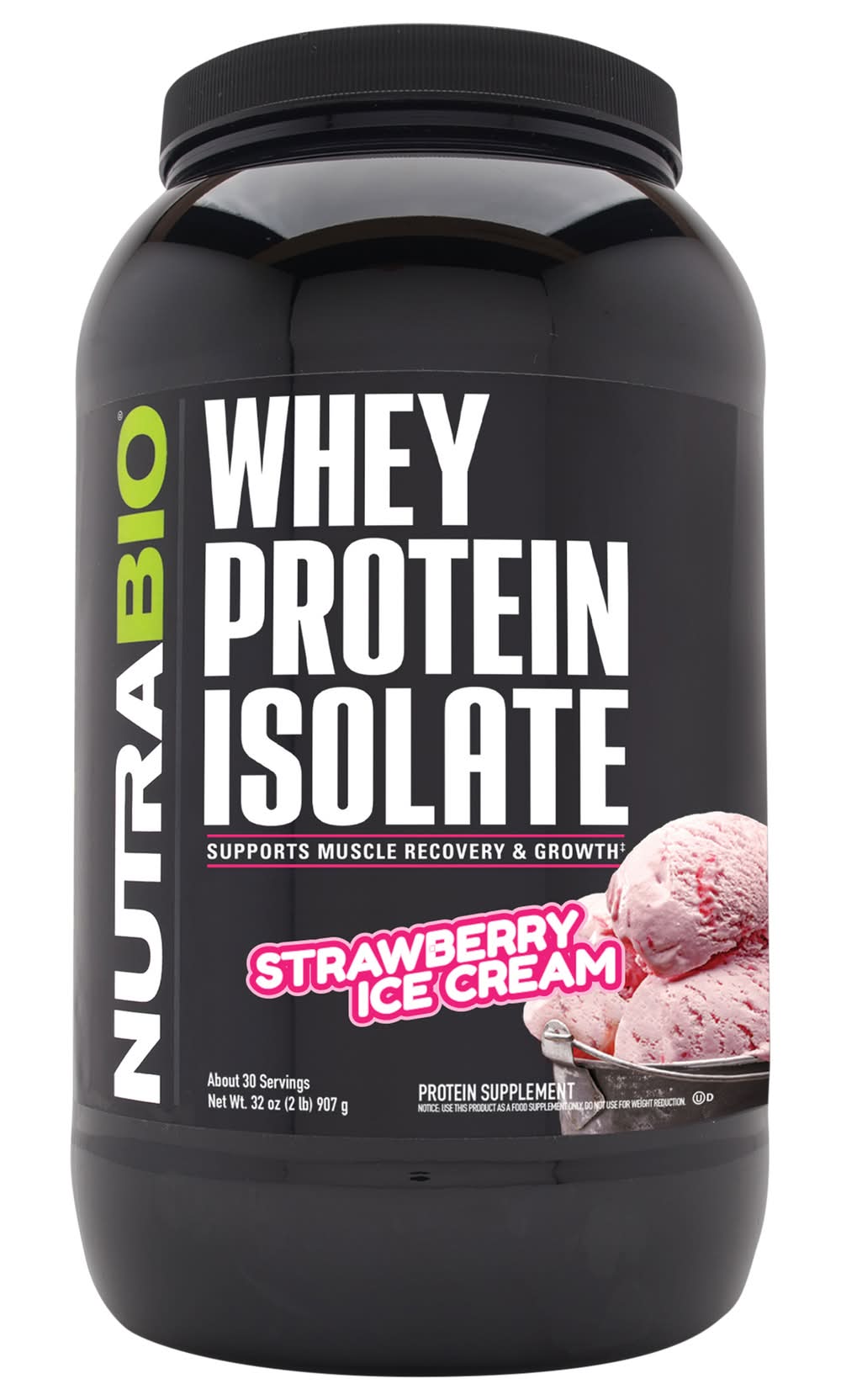 NutraBio Whey Protein Isolate Supplement, Strawberry Ice Cream (32 oz)