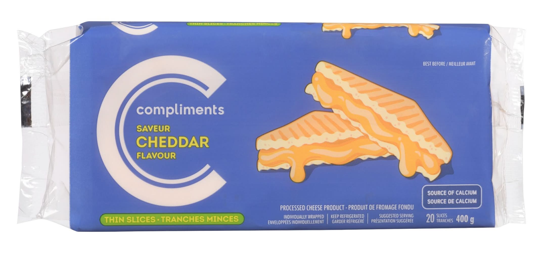 Compliments Thin Sliced Process Cheese, Cheddar (400 g, 20 ct)