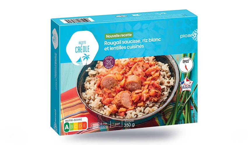 Rougail saucisse, riz lentilles cuisinées