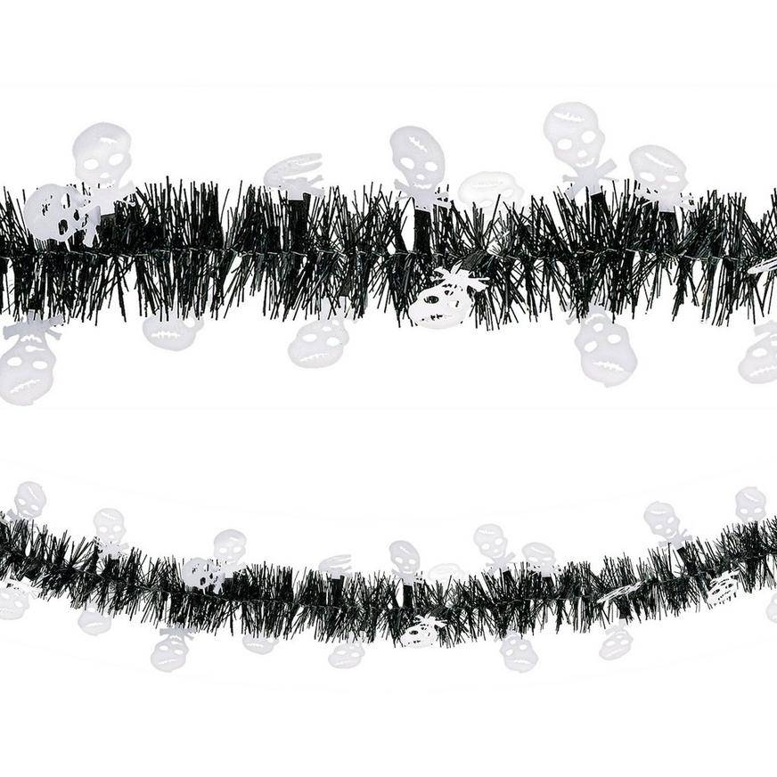 Party City Skulls Halloween Tinsel Garland, Black