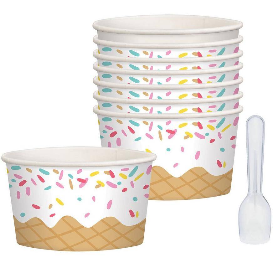 Multicolor Sprinkles Paper Ice Cream Cups Plastic Spoons, 8.5oz, 8ct - Summer Sweets