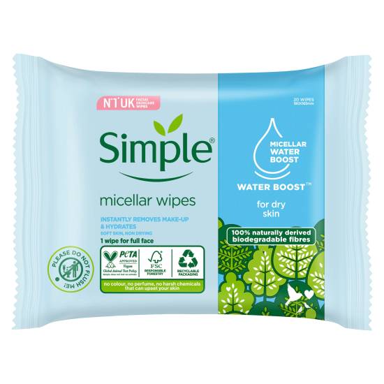 Simple Micellar Biodegradable Cleansing Wipes 20 Wipes