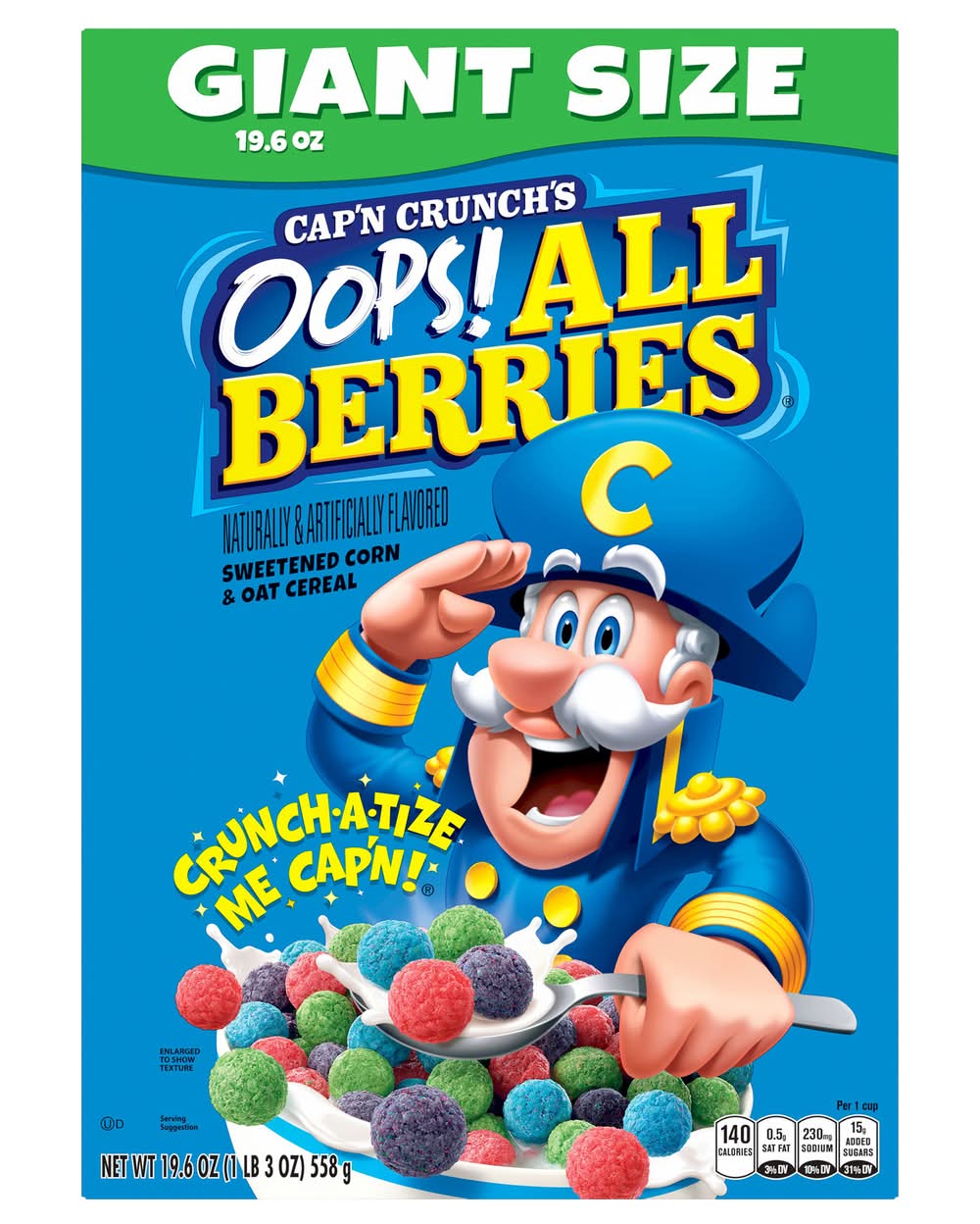 Cap'n Crunch Giant Size Oops All Berries Cereal, Sweetened Corn & Oat (19.6 oz)