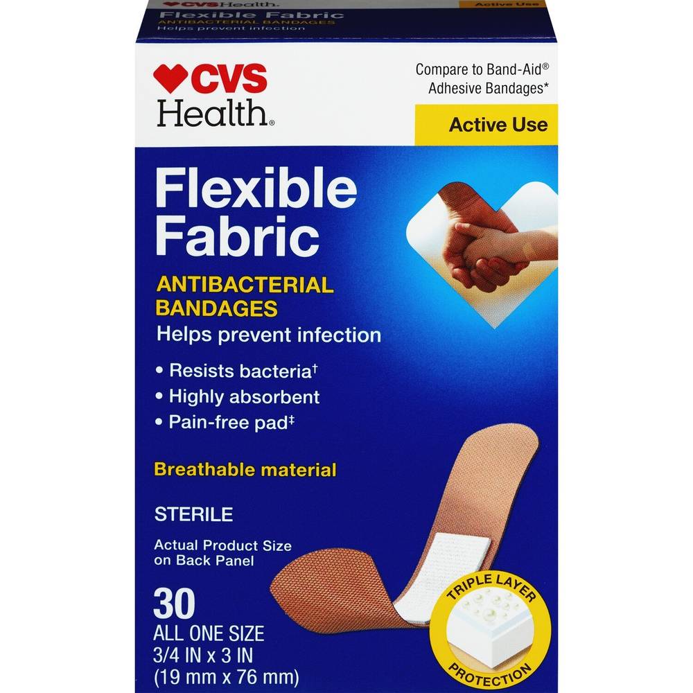 CVS Health Flexible Fabric Anti-Bacterial Bandages, One Size, 30 CT