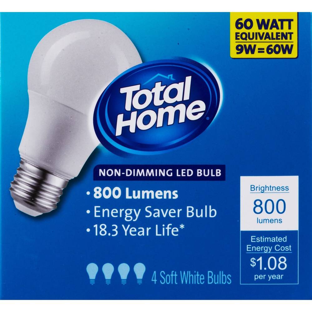 Total Home Non-Dimming LED Soft White Bulbs, 60 w, 4 ct