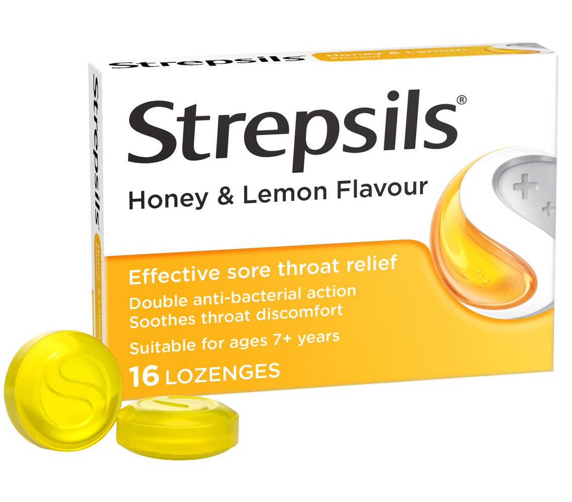 Strepsils Effective Sore Throat Relief Antibacterial Lozenges, Honey & Lemon (16 pack)
