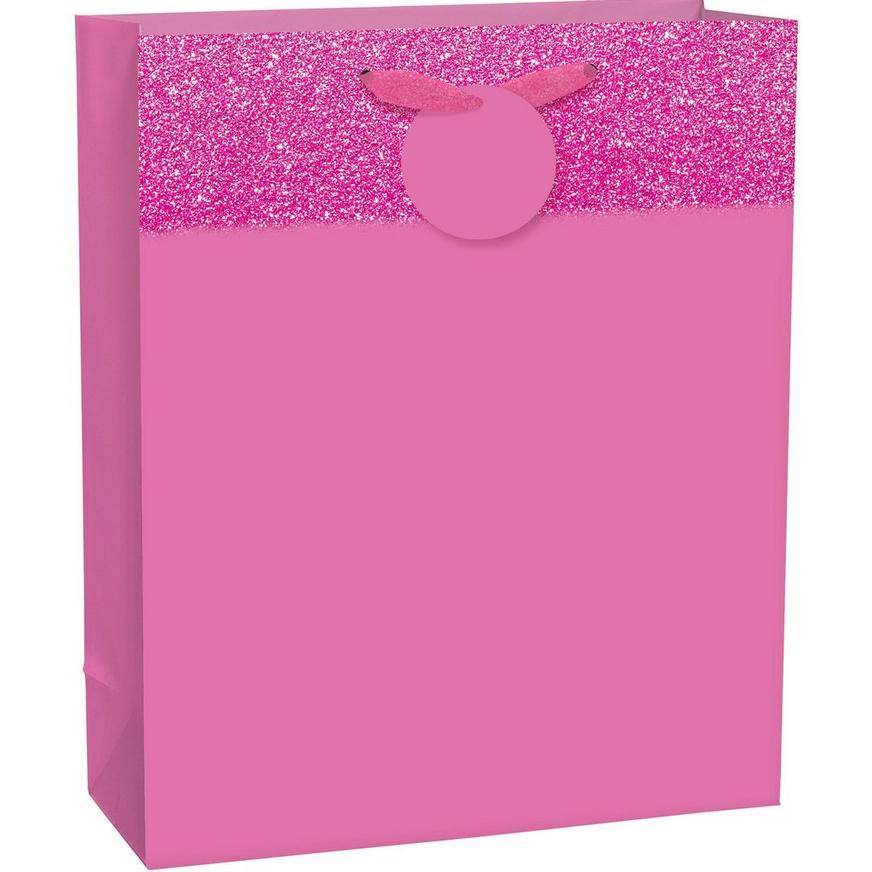 Large Glitter Matte Bright Pink Gift Bag, 10.5in x 13inA