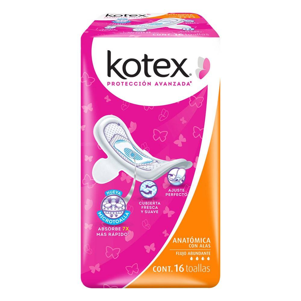 Kotex toalla femenina con alas flujo abundante (paquete 16 toallas)