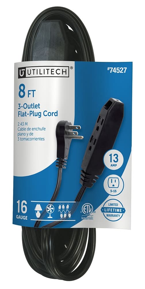 Utilitech 8-ft 16 / 3 Light Duty 3 Prong Black Indoor Extension Power Cord
