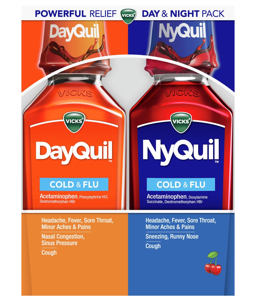 Vicks Dayquil & Nyquil Cold & Flu Relief Syrup Combo pack, Cherry (2 x 12 fl oz)
