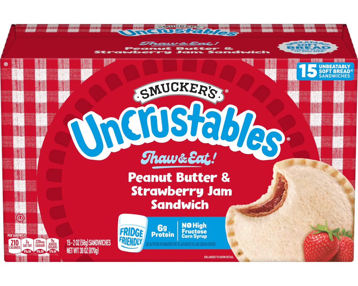 Smucker's Uncrustables Thaw & Eat Sandwiches, Peanut Butter & Strawberry Jam (15 x 2 oz)