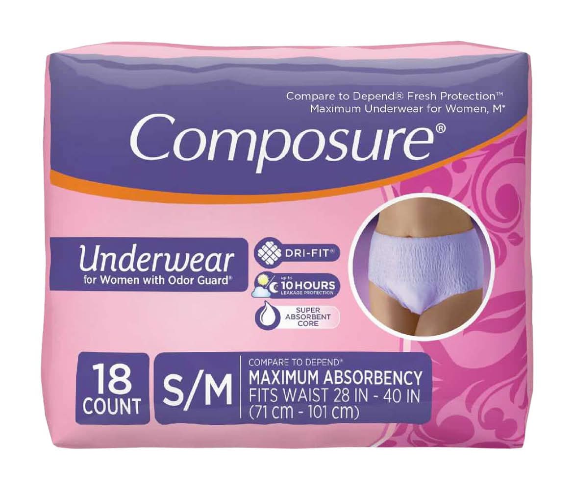 Composure Protective Underwear For Women With Odor Guard Maximum Abosrbency Size S/M 18 Ct