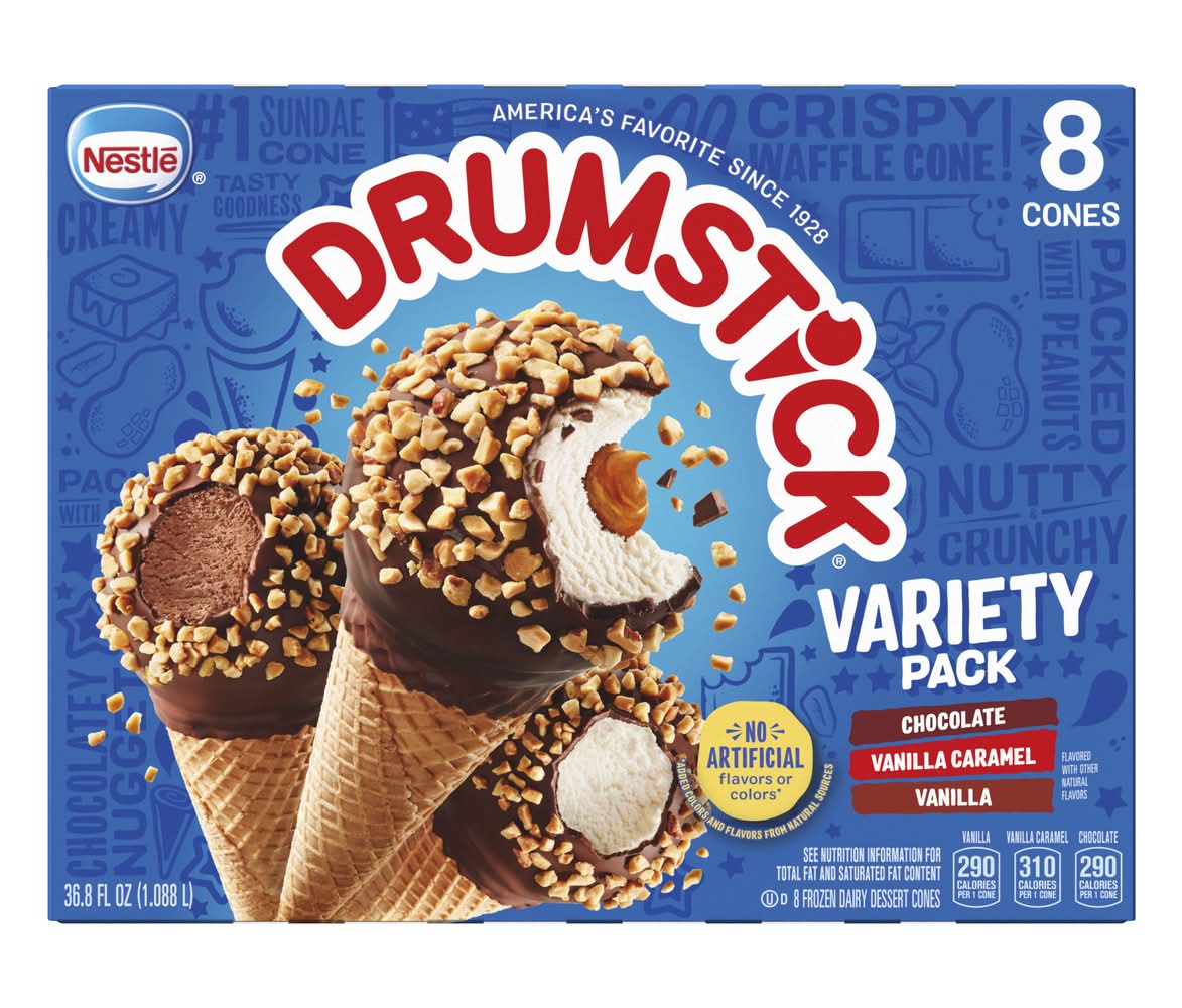 Drumstick The Original Sundae Ice Cream Cones Variety pack, Chocolate-Vanilla-Vanilla Caramel (36.8 fl oz, 8 ct)
