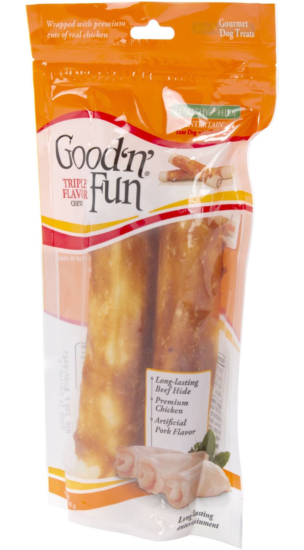 Good 'n' Fun Triple Flavor Chews 7-in Retriever Roll Rawhide chews for Dog Chicken Flavor 2 Count | P-82243VNW