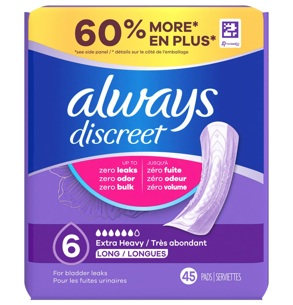 Always Discreet Extra Heavy Absorbency Pads, L (45 ct)