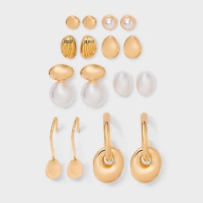 A New Day Pearl and Dome Earring Set Nickel-Free Studs, 9In, Gold (8 ct)