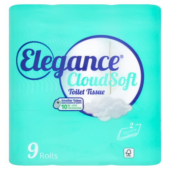 Elegance 96mm x 110mm, Cloud Soft Toilet 2ply Tissue Rolls (9 pack)