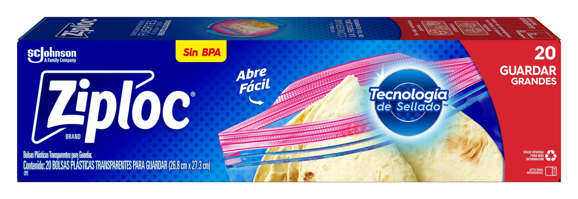 Ziploc · Bolsas plásticas transparentes reutilizables, 26.8x27.3 cm (20 un)
