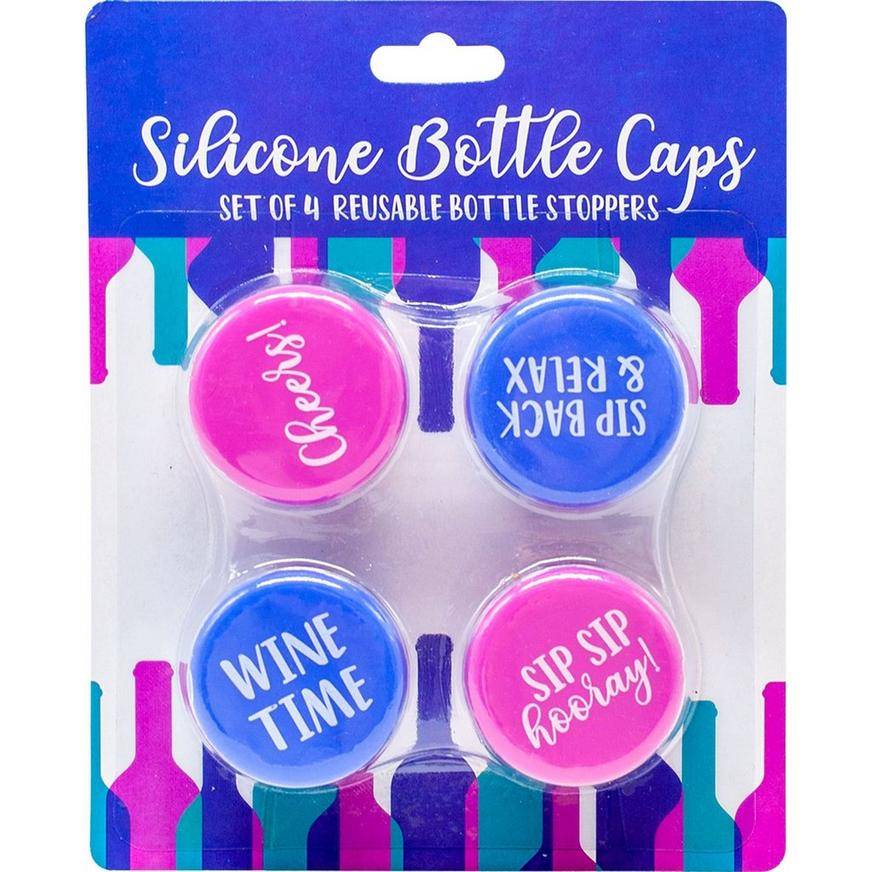 Blue Pink Cheers! Silicone Bottle Caps, 4ct