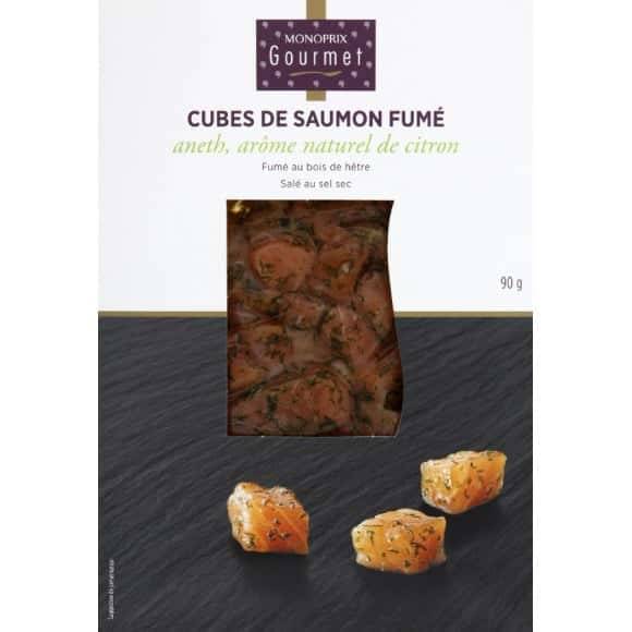 Monoprix Gourmet Cubes De Saumon Fumé Aneth, Arôme Naturel De Citron La Barquette De 90 G