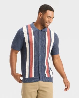 Men's Striped Full Button Sweater - Goodfellow & Co™ Navy Blue M