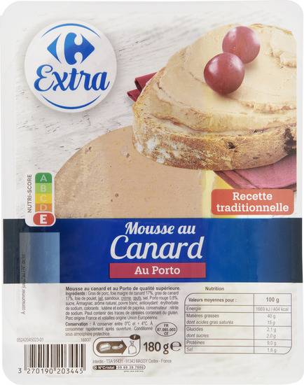Mousse au canard au porto CARREFOUR - la barquette de 180g