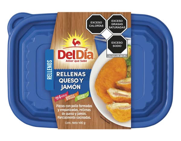 Del Día · Piezas con pollo formadas y empanizadas rellenas de queso y jamón (490 g)