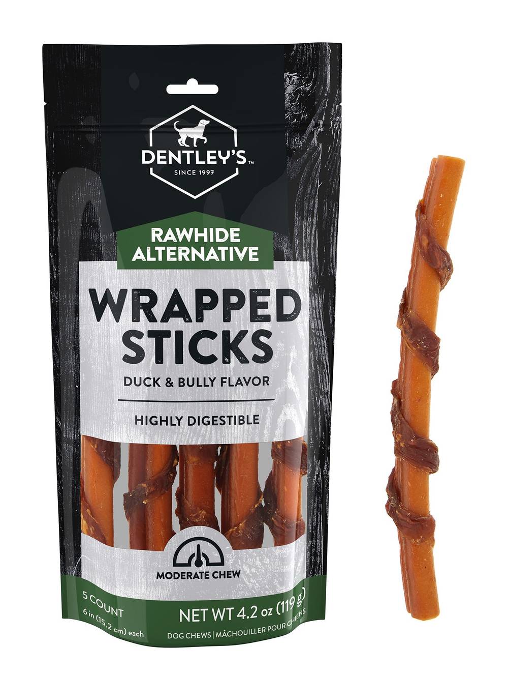 Dentley's Rawhide Free Wrapped Duck Bully Chew Dog Sticks (4.2 oz, 5 ct)
