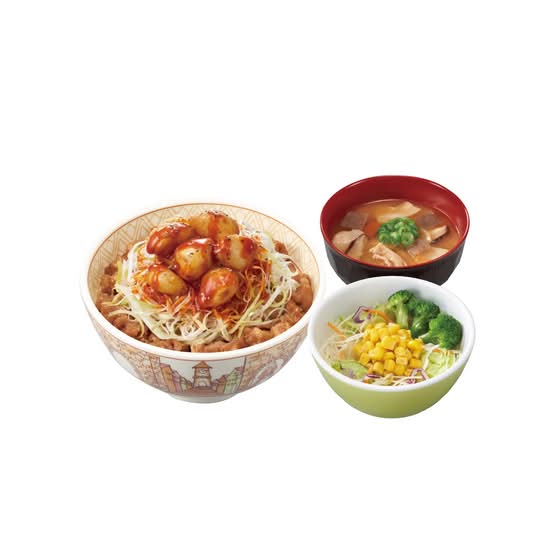 赤だれにんにく白髪ねぎ牛丼とん汁サラダセットShredded Leek Gyudon with Fried Garlic & Spicy Red Sauce & Pork Miso Soup & Salad