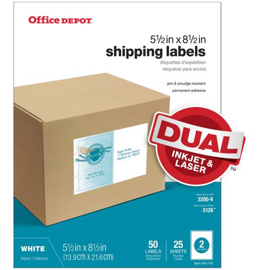 Office Depot Inkjet/Laser Shipping Rectangle White Labels ( 50 ct)