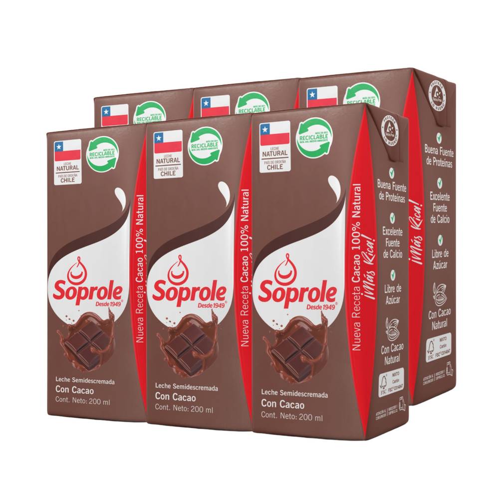 Soprole leche semi descremada con cacao (6 pack, 200 ml)