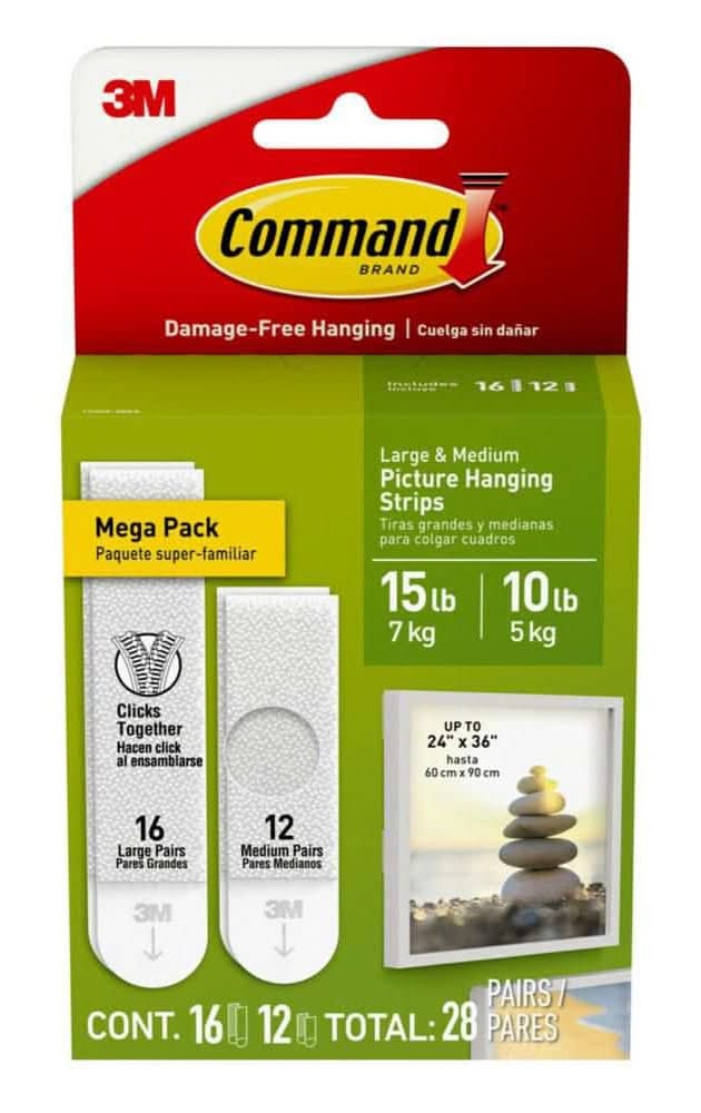 Command Medium And Large Picture Hanging Strips, White, Damage Free Decorating, 12 Medium Pairs And 16 Large Pairs