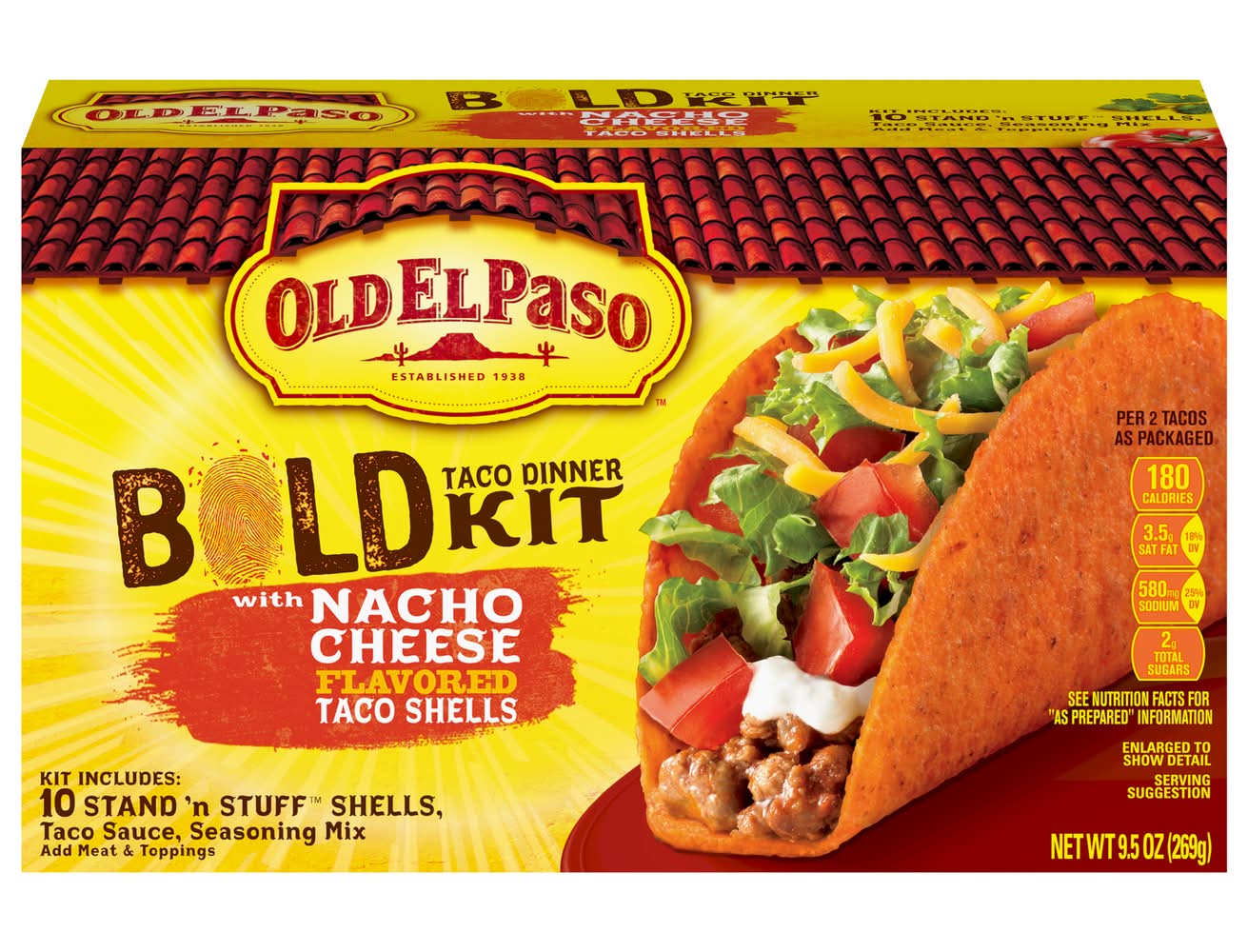 Old El Paso Stand 'N Stuff Bold Nacho Taco Dinner Kit, Nacho Cheese (9.5 oz, 10 ct)