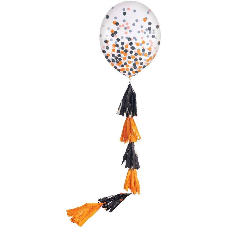 Party City Uninflated Confetti Balloon With Tassel Tail, Black-Orange