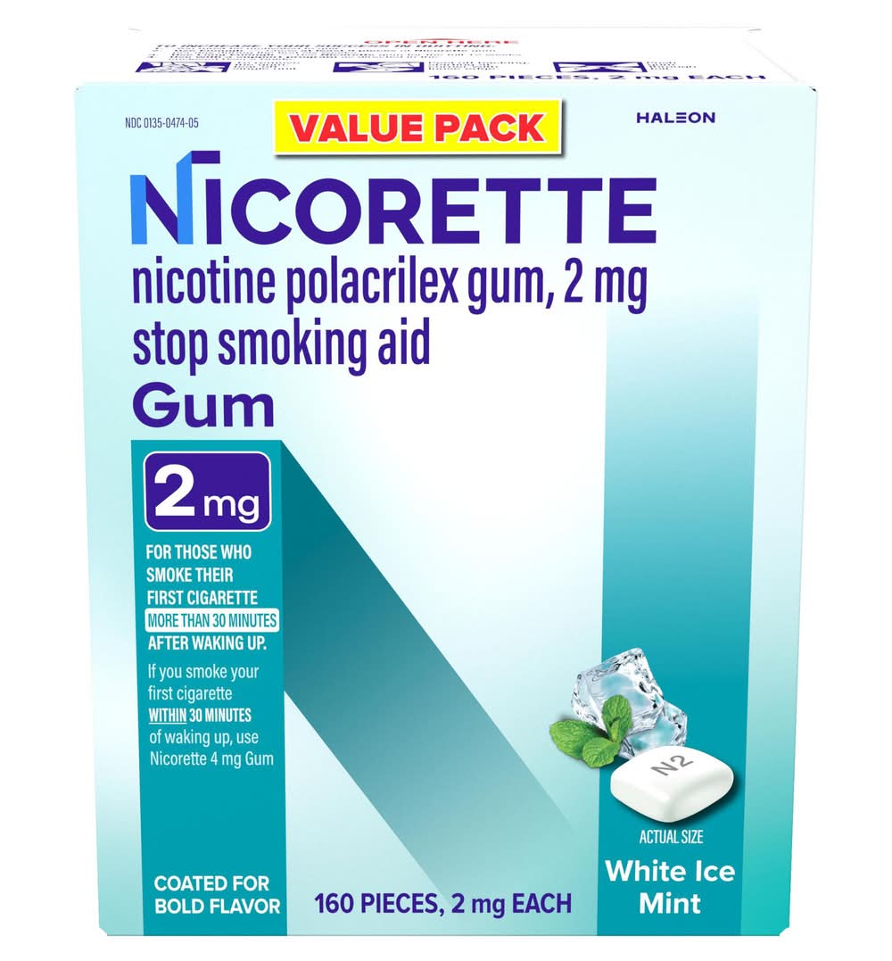 Nicorette Nicotine Polacrilex For Stop Smoking Aid Gum With 2 mg, White Ice Mint (160 ct)