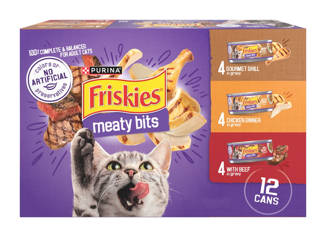 Purina Friskies Meaty Bits in Gravy Wet Cat Food, Gourmet Grill-Chicken Dinner-Beef, Adult (12 x 5.5 oz)