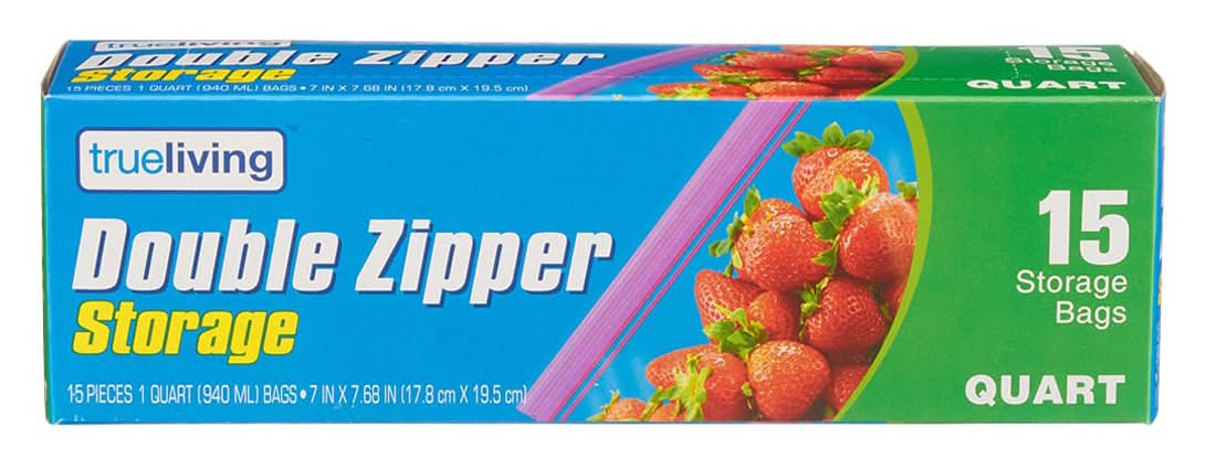 Trueliving Double Zipper Storage Bags Quart Size 15 Ct