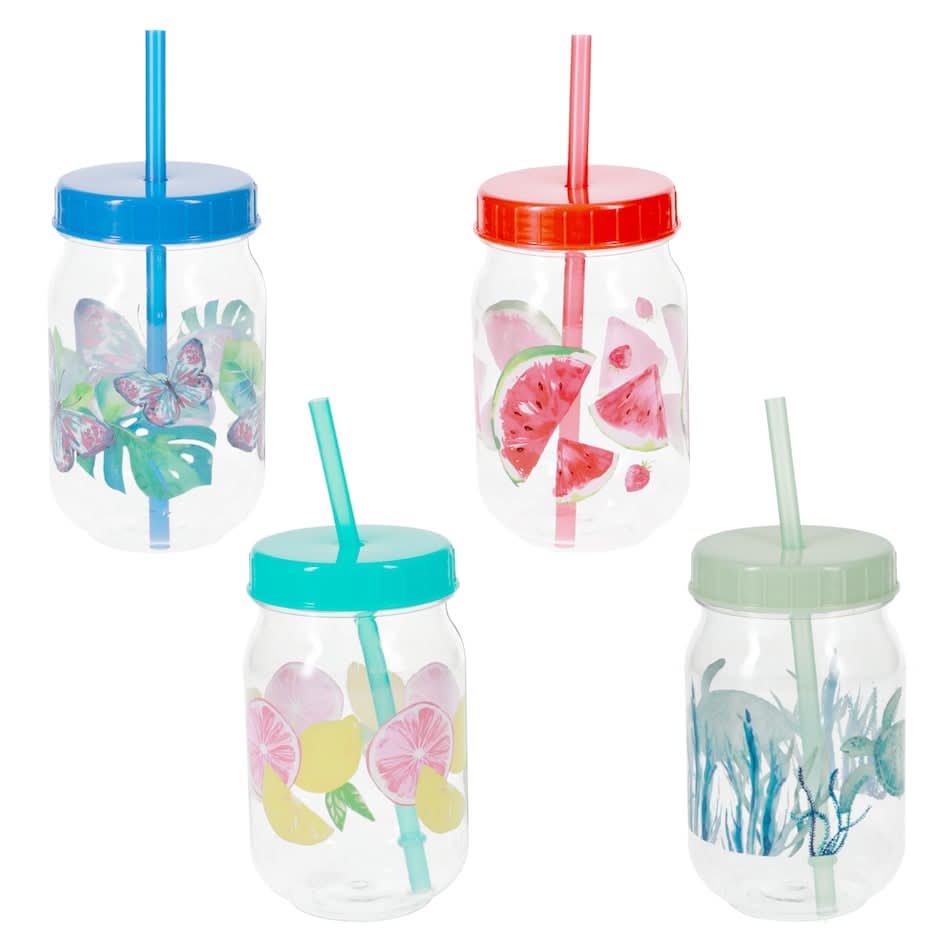 Tropical Party Plastic Tumblers with Screw-On Lids and Straws, 18 oz.
