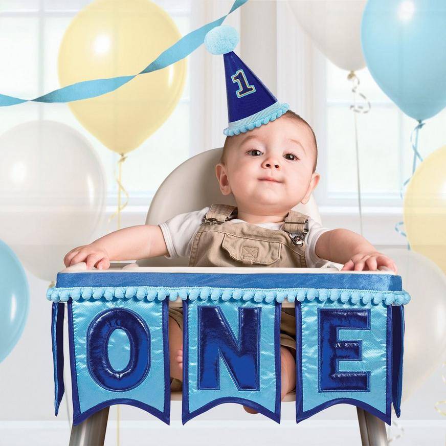 Party City 1st Birthday Deluxe High Chair Decoration (7 x 39 in/blue)