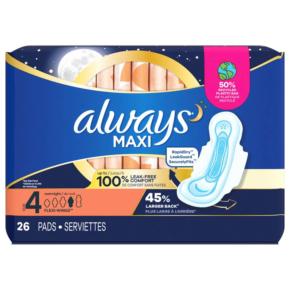 Always Maxi Overnight Flexi Wings Pads, Size 4 (0.03 lbs, 26 ct)