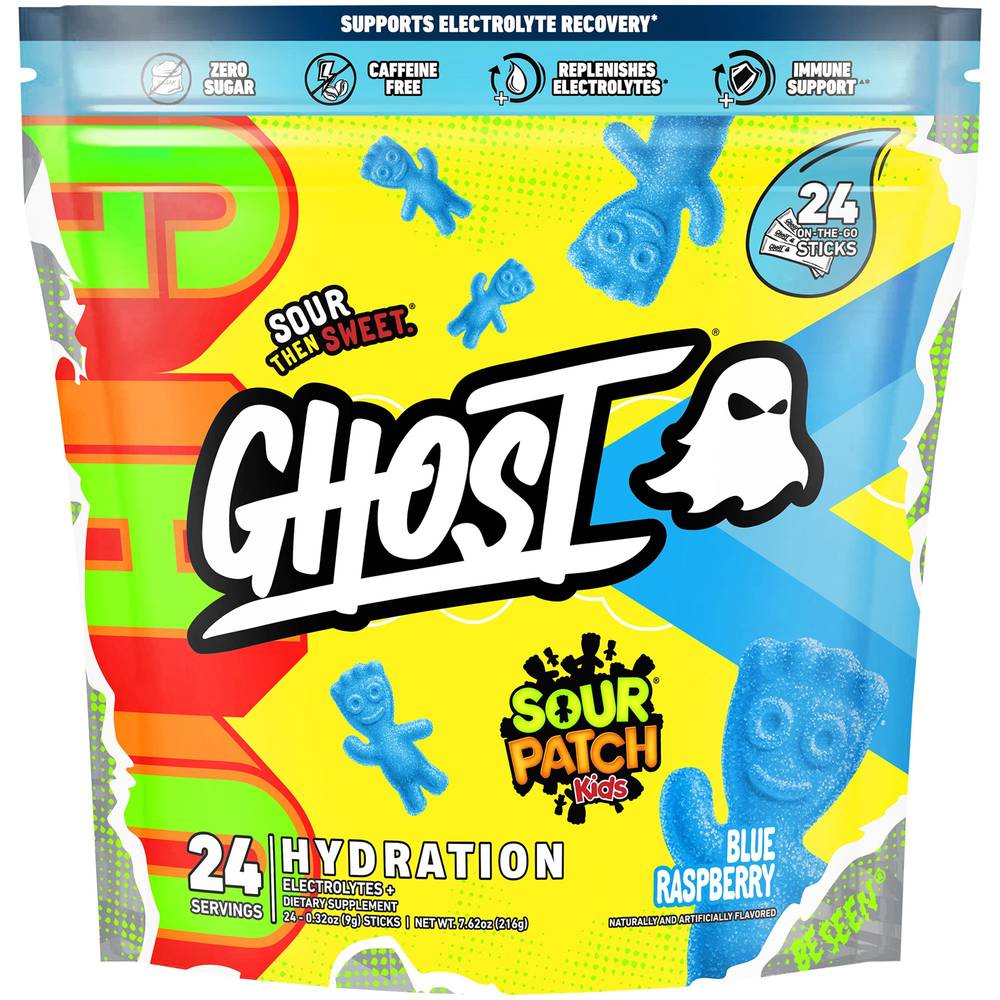 Ghost Hydration Packets Sour Patch Kids Electrolyte Drink, Blue Raspberry (7.62 oz, 24 ct)