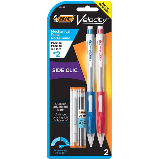 BIC Velocity Side Clic Mechanical Pencil, Fine Point (0.5 mm), #2 Lead, 2 ct