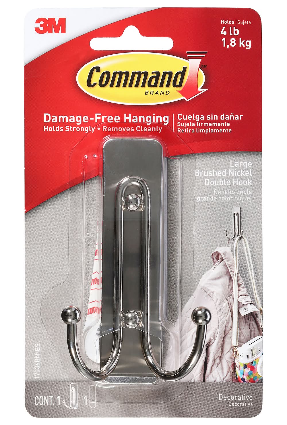 Command Large Brushed Nickel Double Hook (3.2 oz)