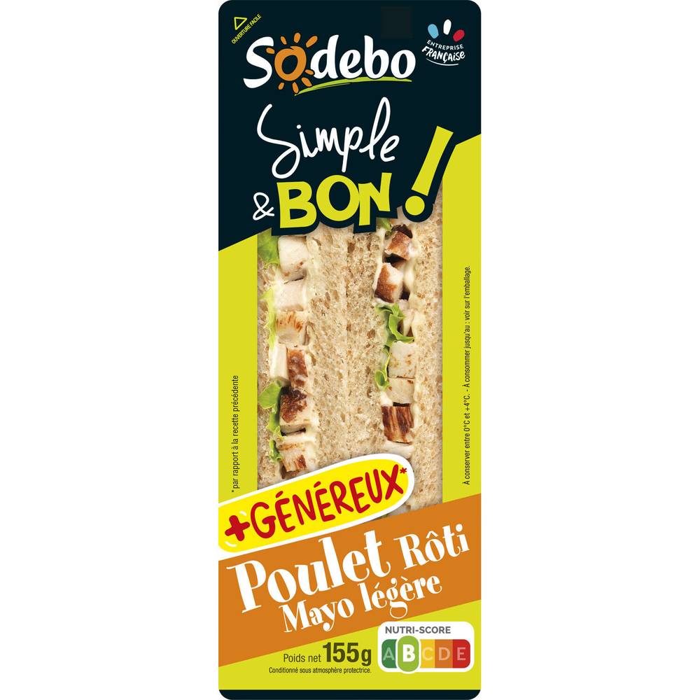 Sandwichs club pain complet poulet rôti mayo légère SODEBO - 2 clubs triangles - 145 g