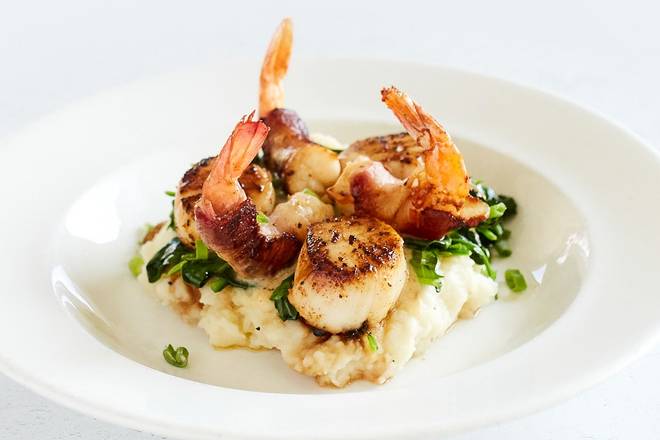 Seared Georges Bank Scallops & Applewood Bacon Wrapped Shrimp