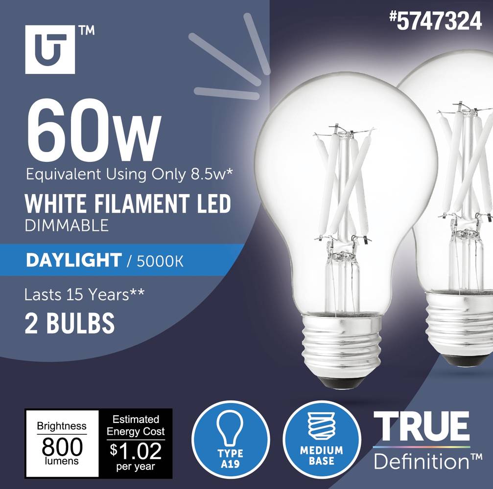 Utilitech LED light bulb 60-Watt EQ A19 Daylight E26 Dimmable LED General Purpose Light Bulb (2-Pack) | 5A19DG8.5WECL50K2P