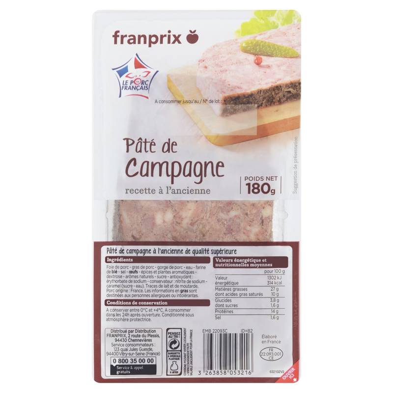 Franprix - Pâté de campagne à l'ancienne de qualité supérieure (180g)