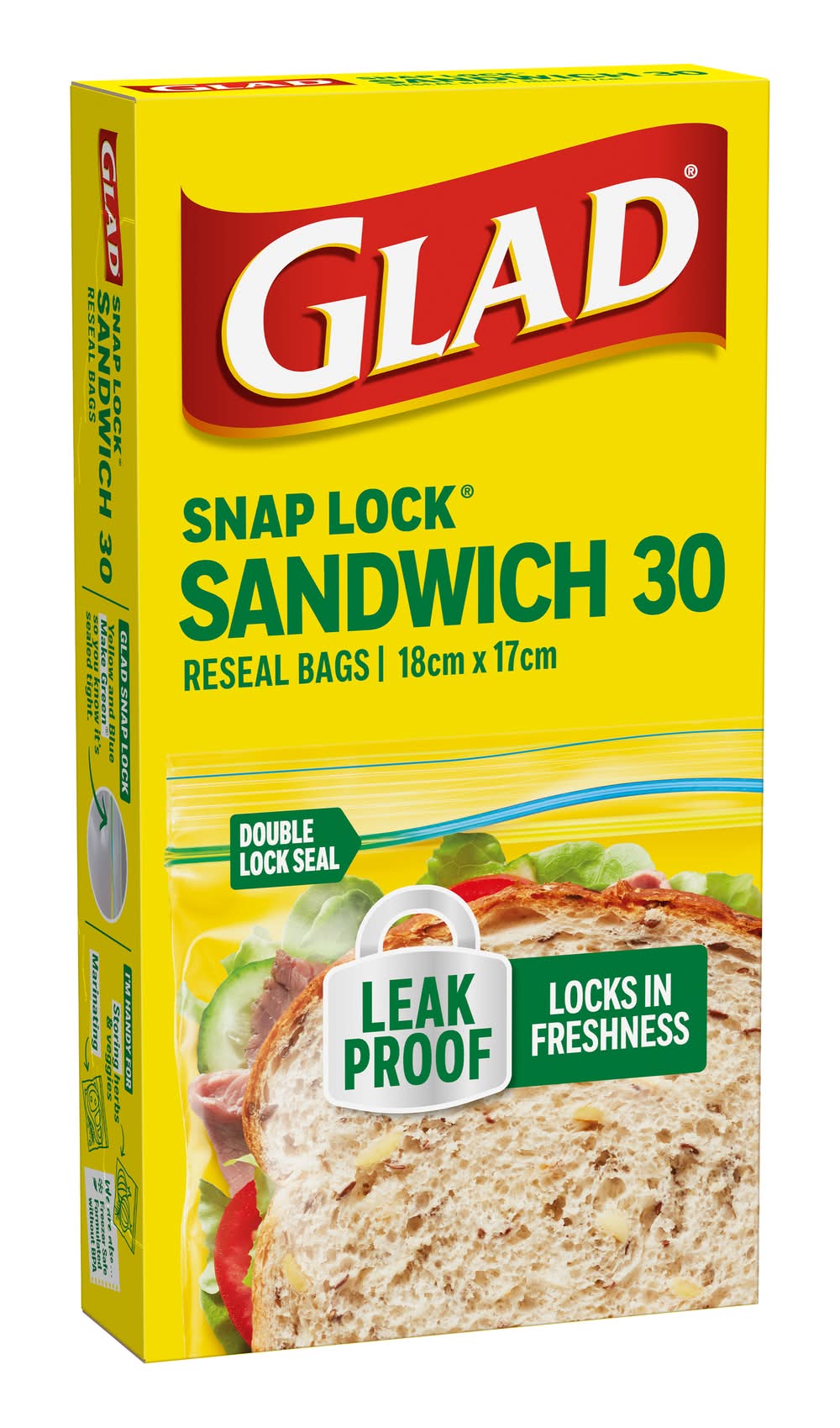Glad Snaplock Resealable Sandwhich Bags, 18 cm x 17 cm (30 pack)