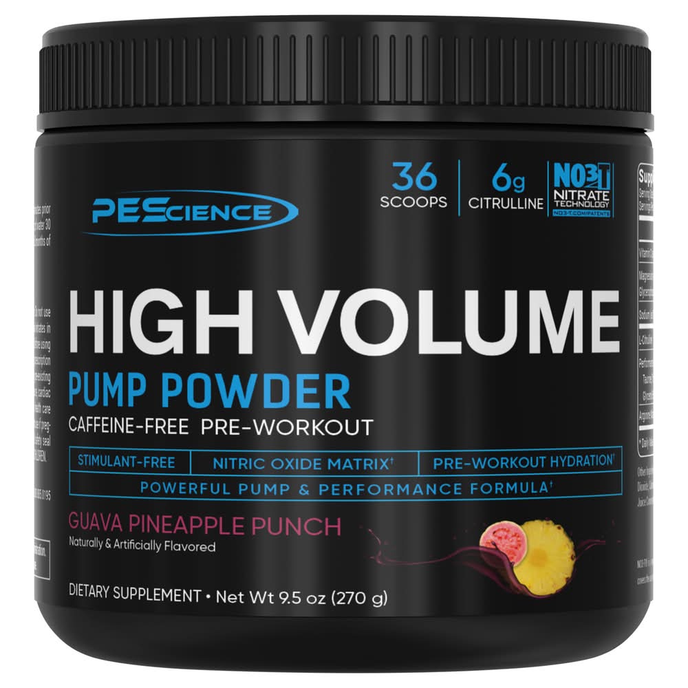 PEScience High Volume Caffeine-Free Pump Powder, Guava Pineapple Punch (9.5 oz)